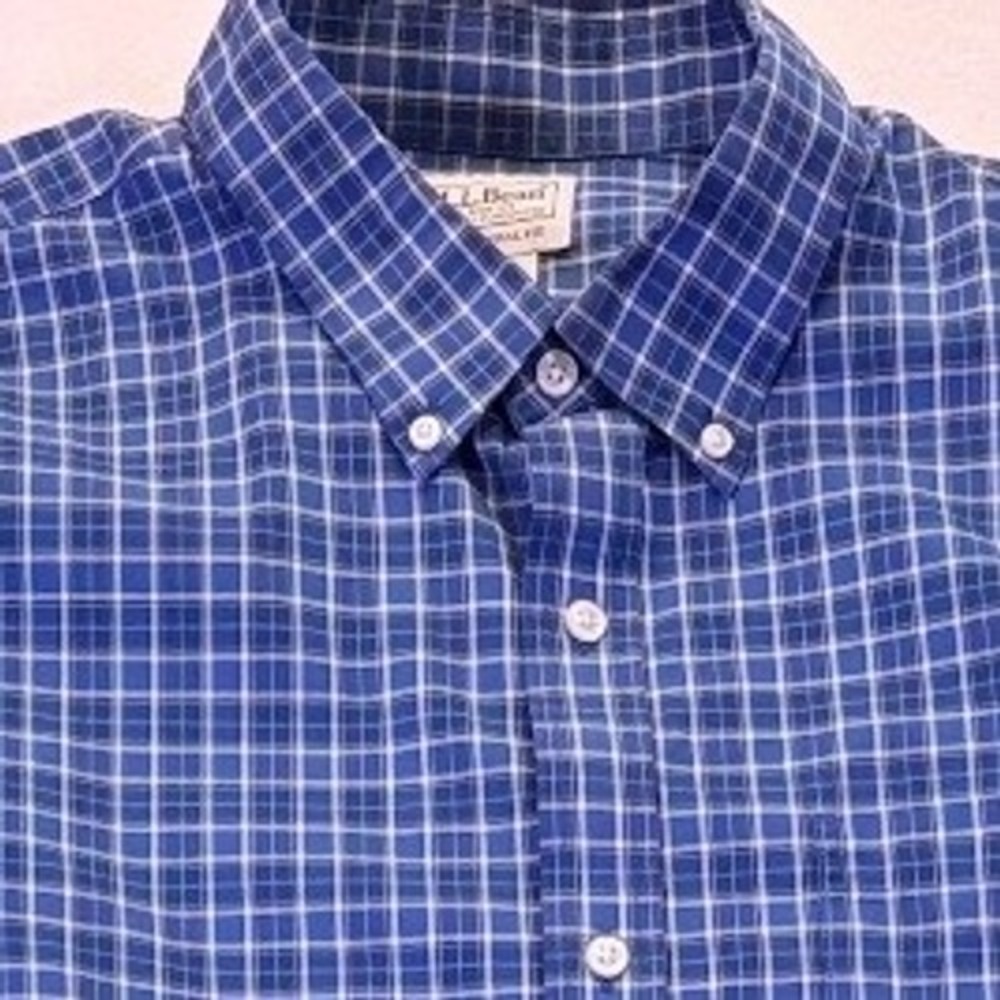LL Bean Mens XL Blue White Plaid Cotton Button Down Shirt Traditional Fit Casual - Picture 8 of 11